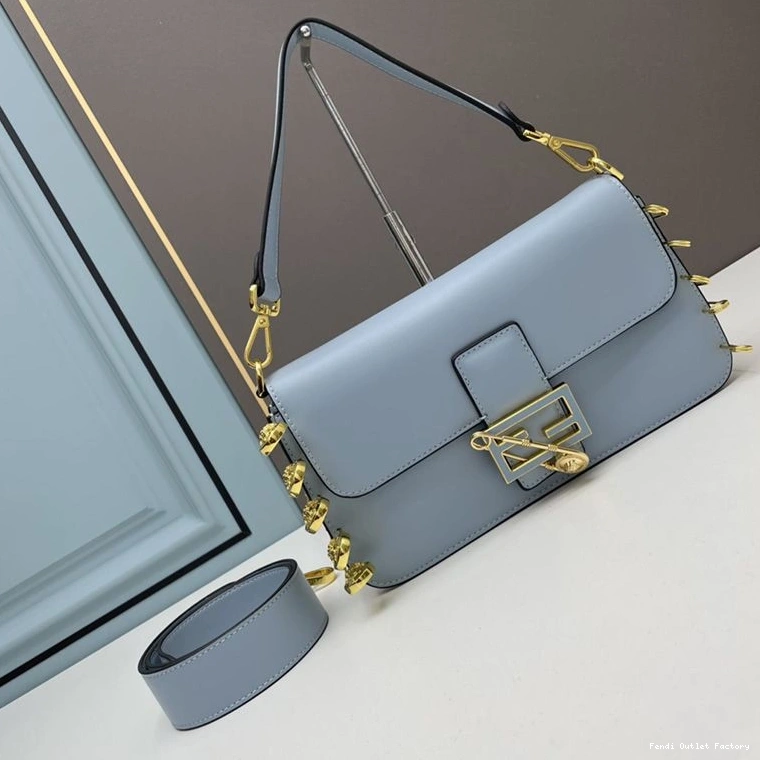Affordable HOT Fendace Fendi Pin Calf Blue Bag with Brooches Medium Leather In Baguette Sky 0812